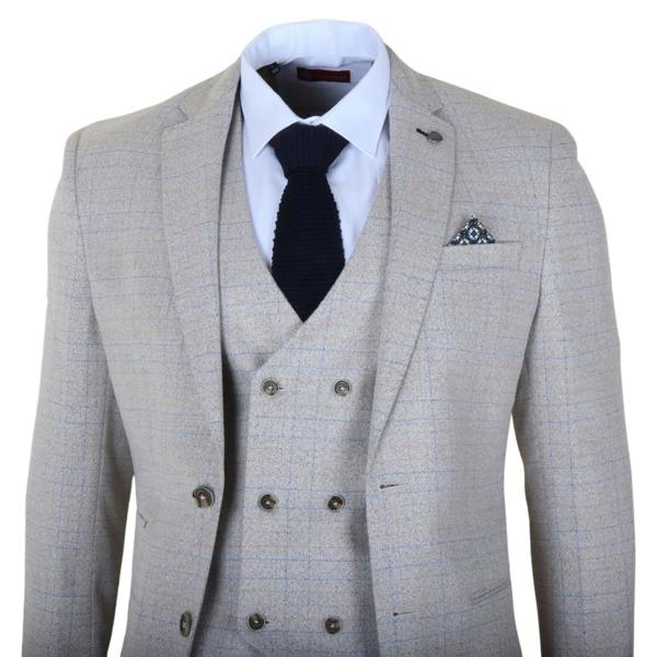 Infinity Leather Men's Cream Plaid Check 3 Piece Slim Fit Formal Wedding Suit
