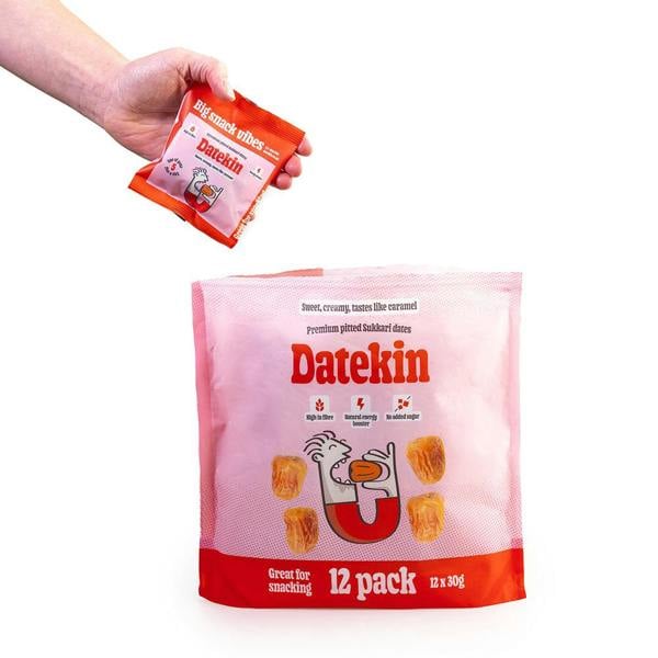 Datekin Sukkari Dates Family Bag (12 x 30g Packs) – Premium Soft Golden Dates | Healthy on-the-go Snacks | 100% Natural Superfood