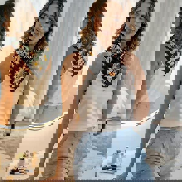 Anyyou Fashion Premium Satin Square Scarf – Daisy Black Silk-Feel Neckwrap for Women