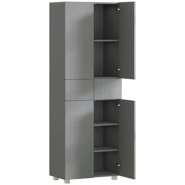 Storage Cabinet, Kitchen Cupboard with 3 Adjustable Shelves, 60L x 35W x 170H cm, High Gloss Grey