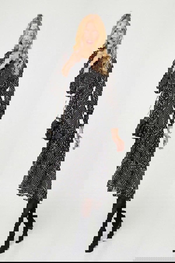 Black | Polka Dot Print Puff Sleeve Midi Dress
