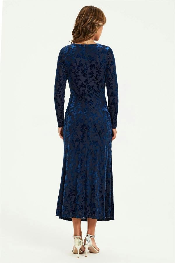 FS Collection Floral Velvet Devore Long Sleeve Wrap Midi Dress In Navy