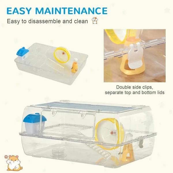 Transparent 2-tier hamster cage with removable top, blue water bottle, yellow running wheel