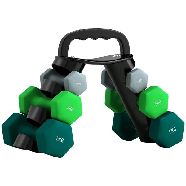 Hex rubber dumbbells set with 1kg, 3kg, and 5kg weights and black handle rack