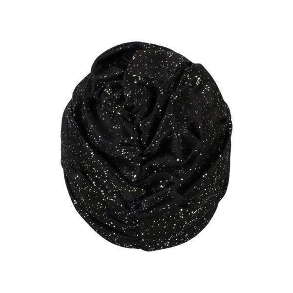 Black speckled fabric swim cap with glittery infinity scarf accents