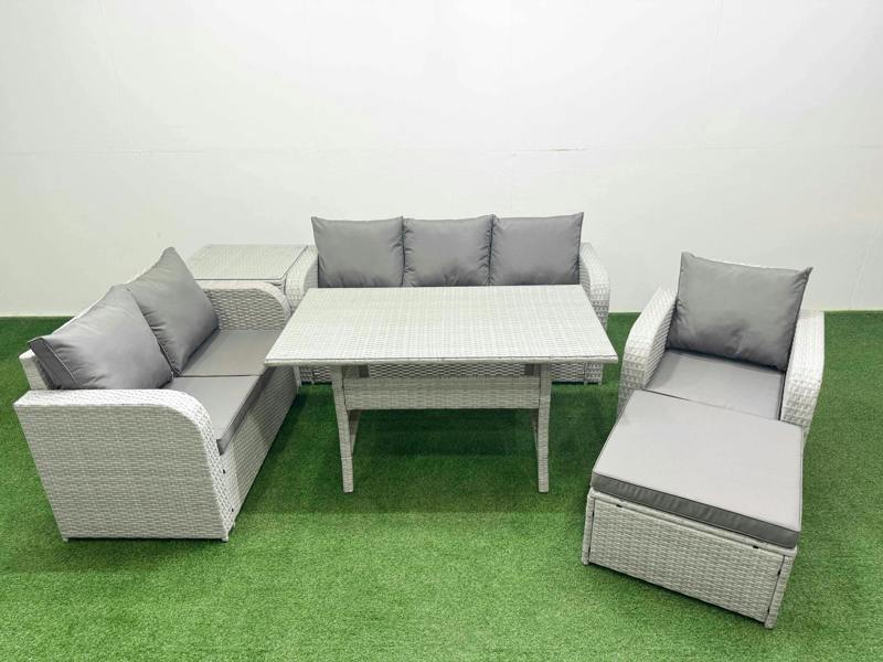 Fimous 7 Seater PE Rattan Garden Furniture Patio Set, Dining Table, Reclining Chair, Loveseat, 3 Seater Sofa, Big Footstool, Side Table, Light Grey