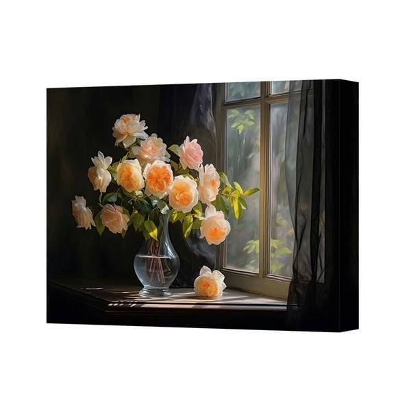 Benjamin Tate Design Peach Roses In Glass Vase By Window Canvas Wall Art