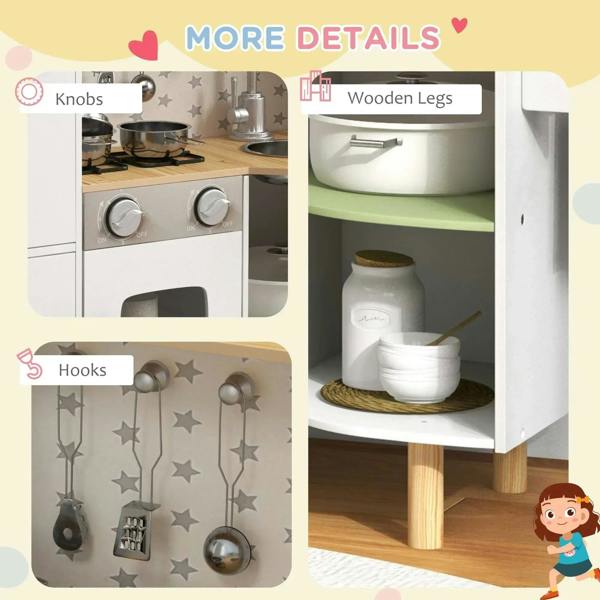 Play kitchen with round knobs, wooden legs, and hanging hooks on star-pattern back panel