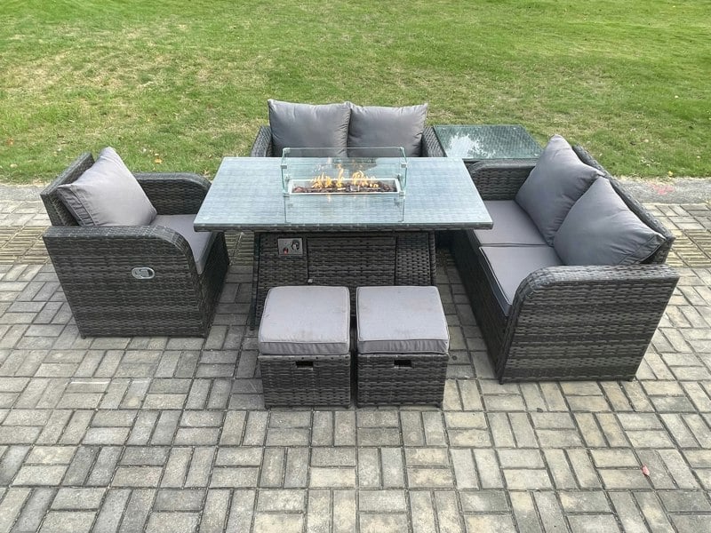 Fimous Rattan Garden Furniture Set with Gas Fire Pit Dining Table,Side Table and 2 Small Footstools Indoor Outdoor 7 piece Loveseat Sofa set