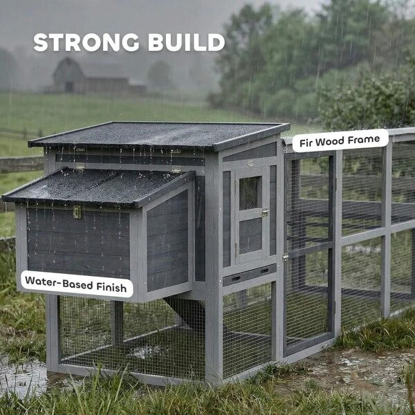Large Chicken Coop, Wooden Hen House with Covered Run, Nesting Box, Pull-Out Tray, Opening Asphalt Roof