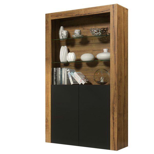 Mex Furniture Tall Display Cabinet 170cm Oak Matt Body and Black Matt Doors – Modern Open Shelving Unit