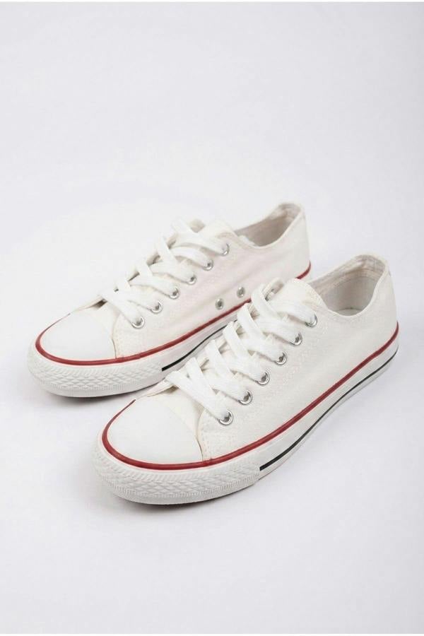 Pearl Canvas Lace Up Low Trainers - White