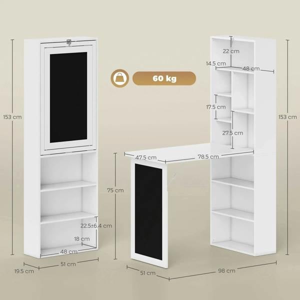 White 3-in-1 fold-out work desk with open compartments and side dimensions