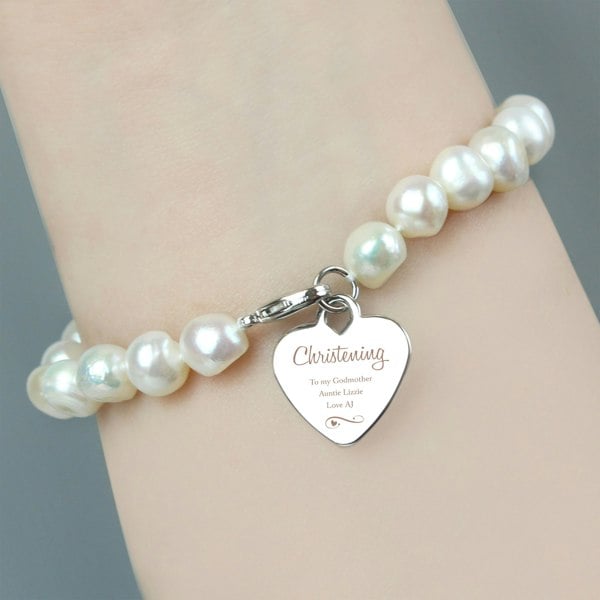 Personalised Memento Company Personalised Christening Swirls & Hearts White Freshwater Pearl Bracelet