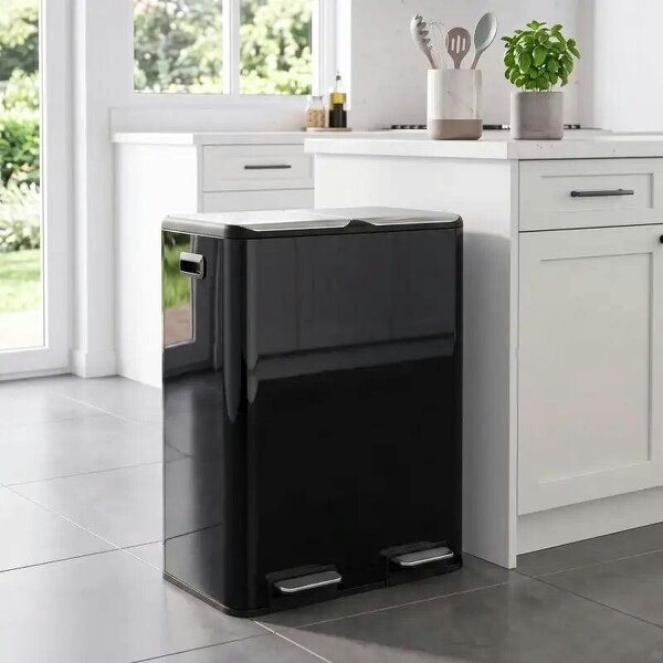 2 x 30L Double Kitchen Bin, Stainless Steel Pedal Rubbish Bin with Dual Compartments, Soft Close Lids, High Gloss Black - High Gloss Black