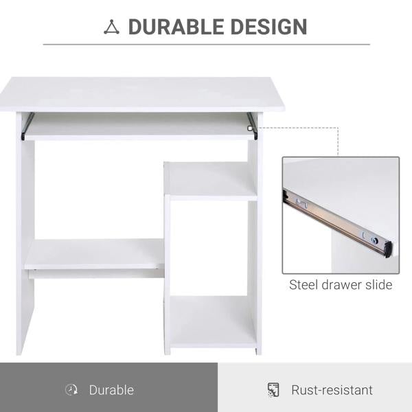 White desk with sliding keyboard tray on steel drawer slide