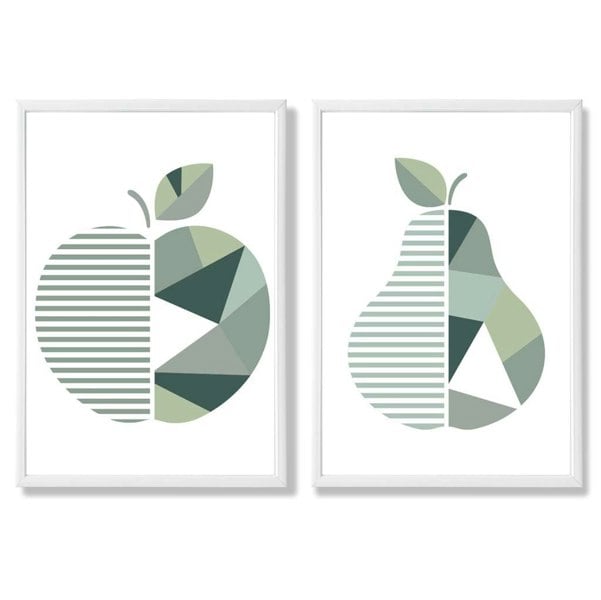 Sage Green Geometric Pineapple Fruit Set of 2 Art Prints with White Frame