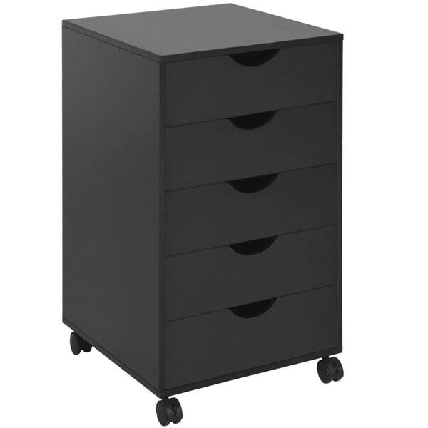 Black rolling 5-drawer vertical filing cabinet with curved drawer handles