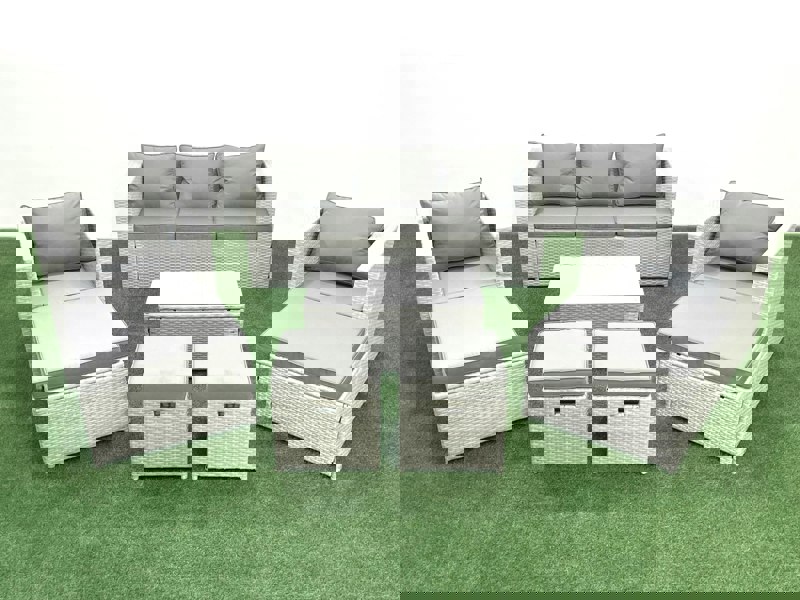 Fimous 8 Pieces Rattan Garden Furniture Set Outdoor Garden Sofa Chair Coffee Table Set with 4 Footstools Light Grey Mixed