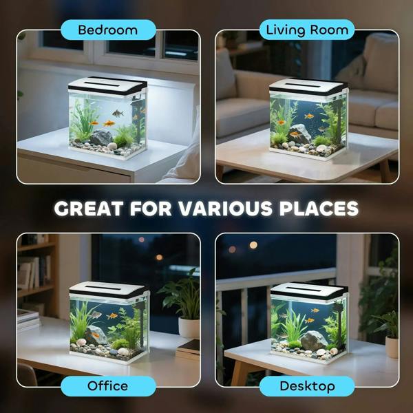 Compact glass aquarium tank with black hood and LED lighting on a tabletop