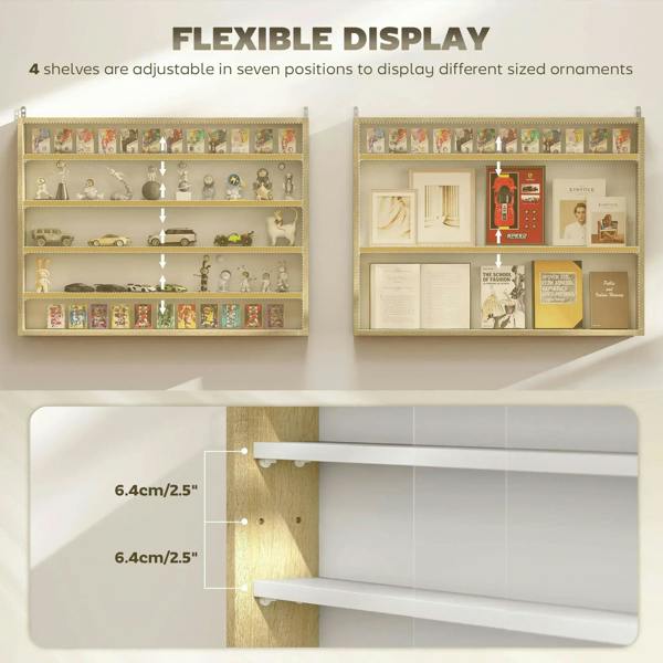 Wall display cabinet illustration showing four adjustable shelves for different ornament heights