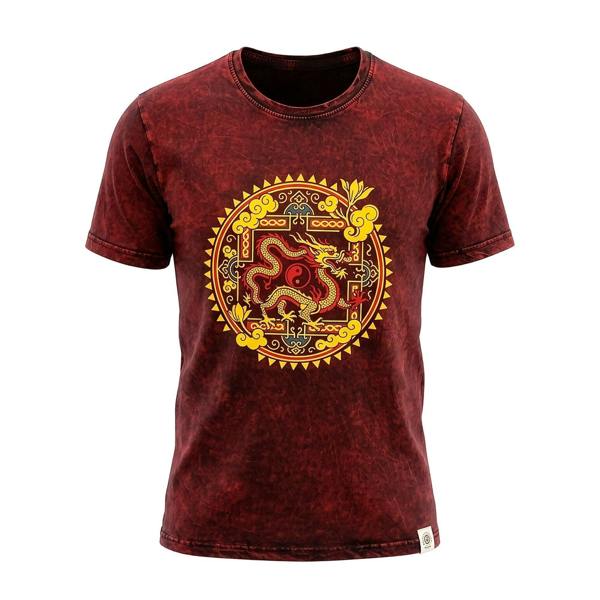 Maroon stonewashed cotton T-shirt with yellow dragon mandala front graphic