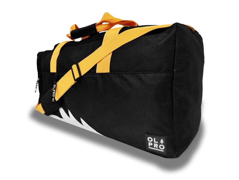 Black 40L Holdall OLPRO  side view showing orange handle and shoulder strap