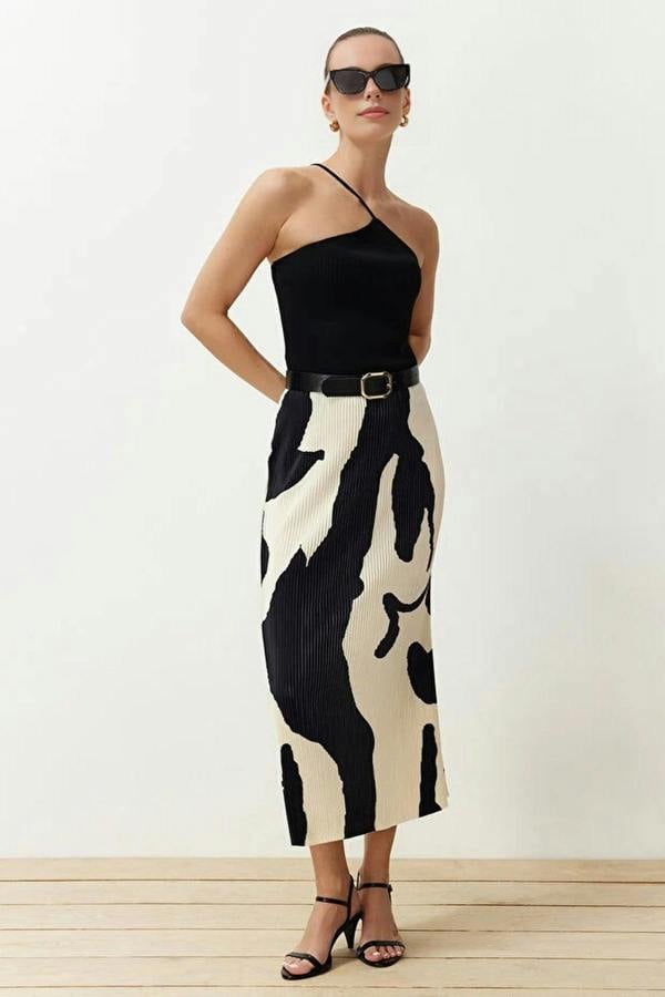 WOVCOR Abstract Pleated A-line Printed Midi Stretch Knit Skirt