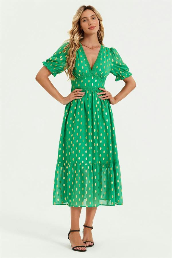 FS Collection Lace Trim Foil Midi Dress In Green