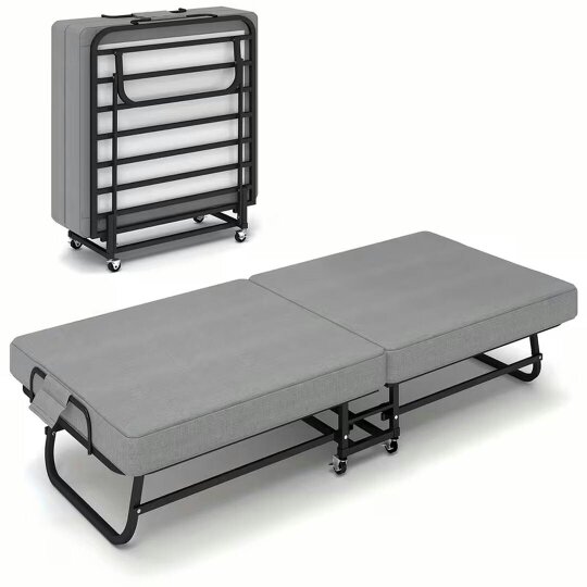 Havendro Adult Portable Folding Bed w/Memory Foam Mattress 190x80cm Wheels Easy Storage - grey