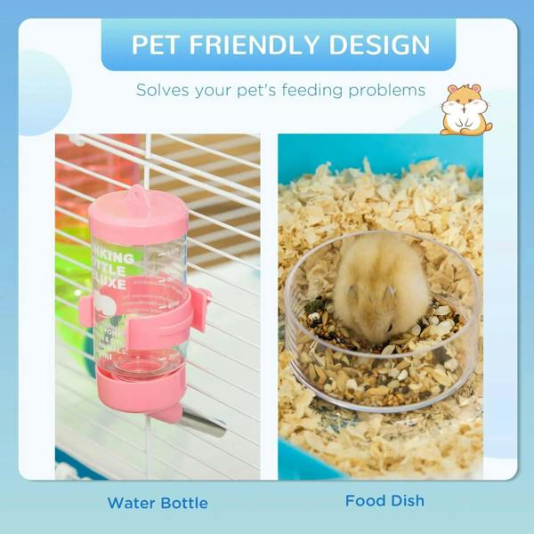 Light blue hamster cage with attached water bottle and feeding area on white wire bars.