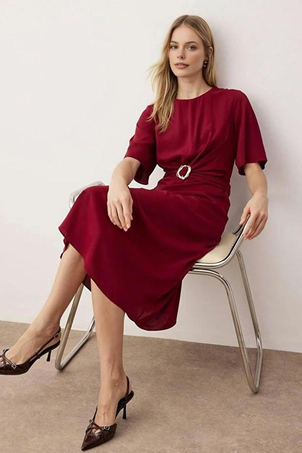 WOVCOR Midi Woven Dress with Accessory Details