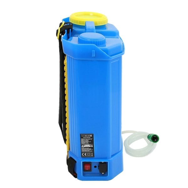 Blue 16L water fed backpack with yellow cap, adjustable strap, and attached hose for efficient outdoor cleaning tasks