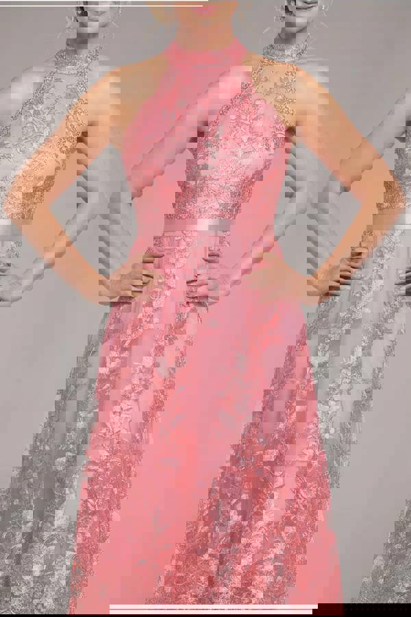 Halter Neck Lace High And Low Dress - Coral DR3346M