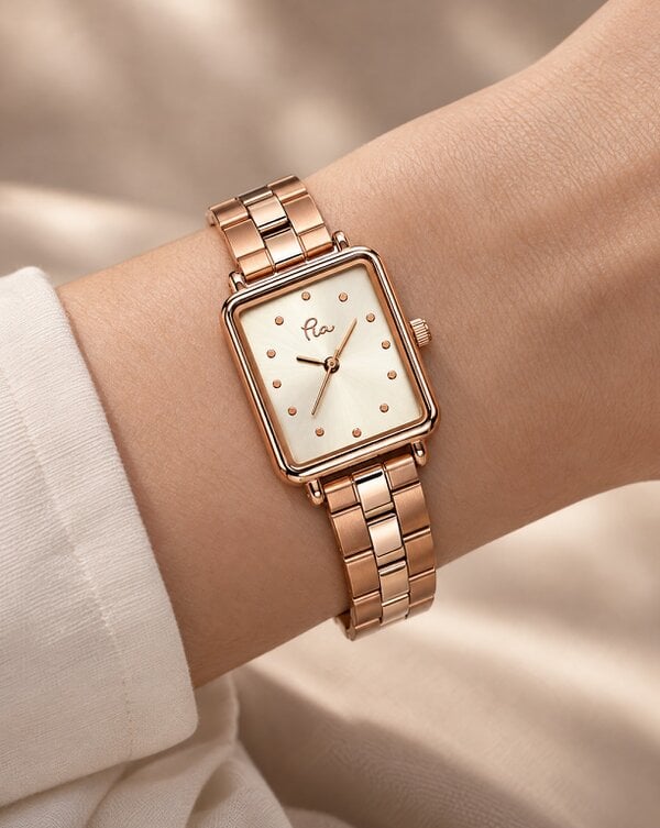 Pia Rose Gold-Tone Watch, Link Bracelet Strap, Square Case, Analogue