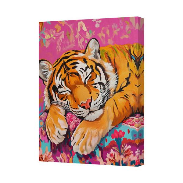 Benjamin Tate Design Colorful Tiger Canvas Wall Art Print Sleeping Tiger On Floral Background