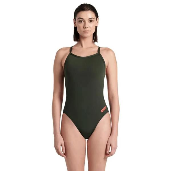 Sleek olive green Arena Team Challenge Solid swimsuit with red logo
