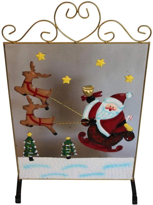 Santa & Reindeer Metal Fireplace Screen, Free-Standing Steel Fire Guard with Decorative Scroll Top, 60cm Indoor Christmas Decor
