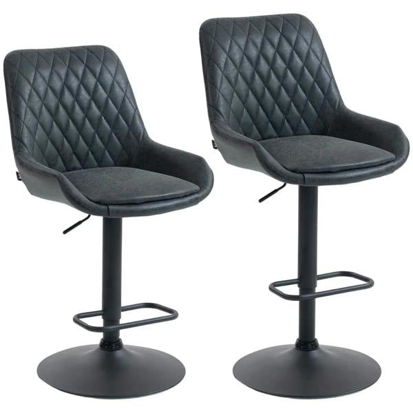 Set of two black faux leather retro bar stools with diamond stitching and circular bases