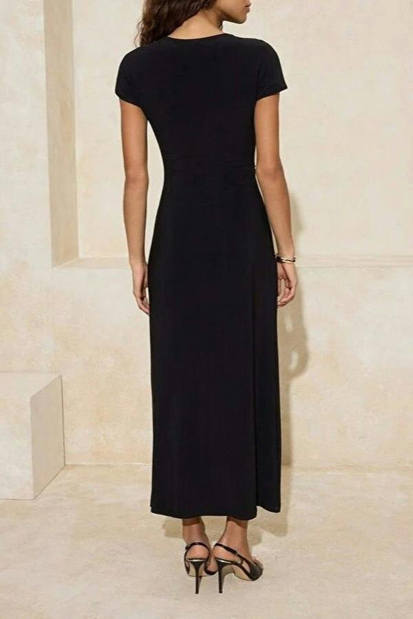 WOVCOR A-Line V-Neck Maxi Stretch Knit Dress with Accessory Details