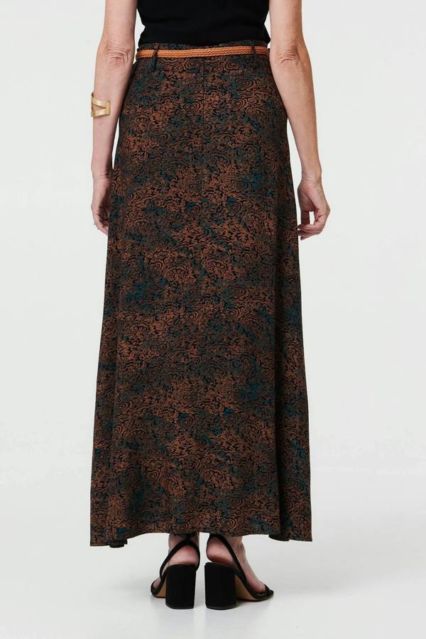 Blue | Printed High Waist Belted Maxi Skirt