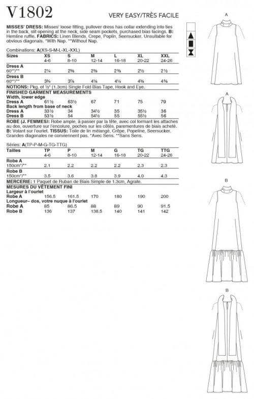 Vogue Sewing Pattern 1802, Dresses for Women, A (XS-S-M-L-XL-XXL) - Easy