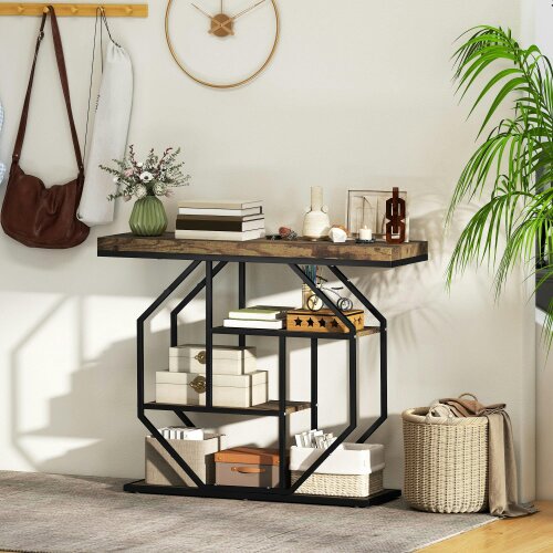Wyld Haus Reello Metal And Wooden Rustic Brown 4 Tier Industrial Console Table