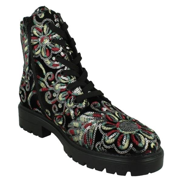 Rieker Ladies Rieker Floral Stitch and Sequin Design Combat Boots Z2841