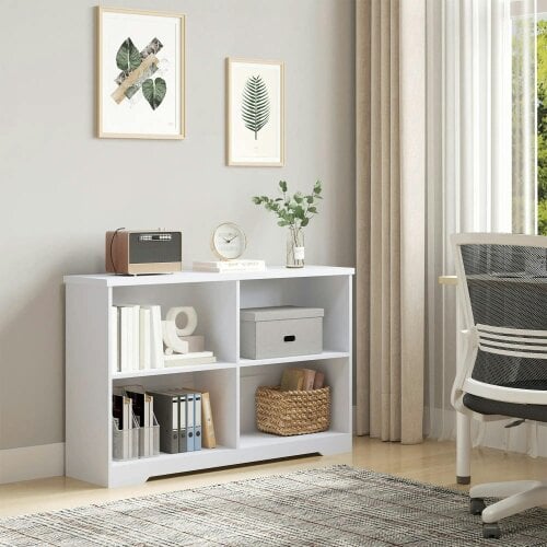 Bobobiy Wooden Cube Bookcase, 2 Tier Open Storage Shelving Unit with 4 Compartments, 118 x 29 x 76cm, White