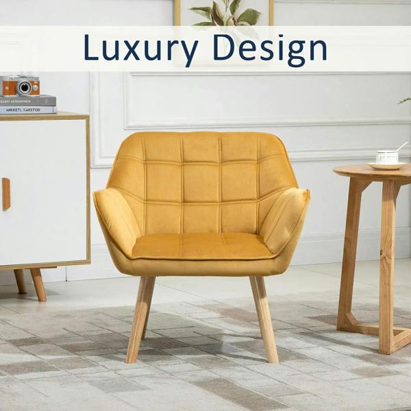 Yellow upholstered accent chair with slanted back and light wooden legs