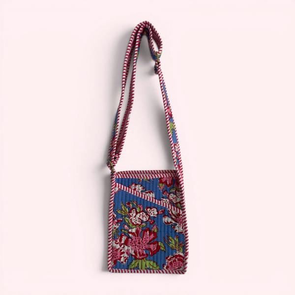 Hayley & Co Mini Cross Body Bag - Denim Blue and Pink Block Print Floral