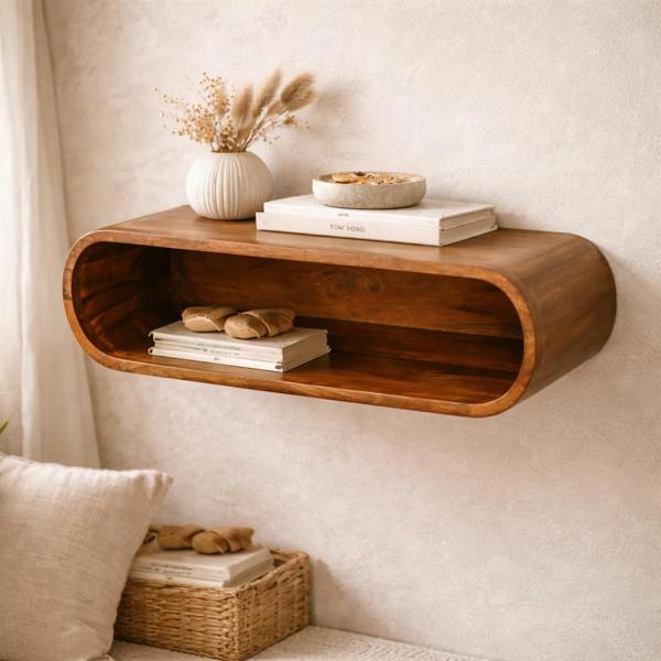 Artisan Furniture Solid Wood Arc Wall-Mounted Media Console, 1 Shelf, Brown
