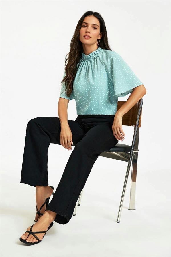 FS Collection Dot Print Short Sleeve Frill High Neck Top In Blue