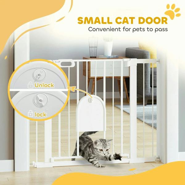 White pet safety gate with arched cat flap and double-lock buttons; cat at opening
